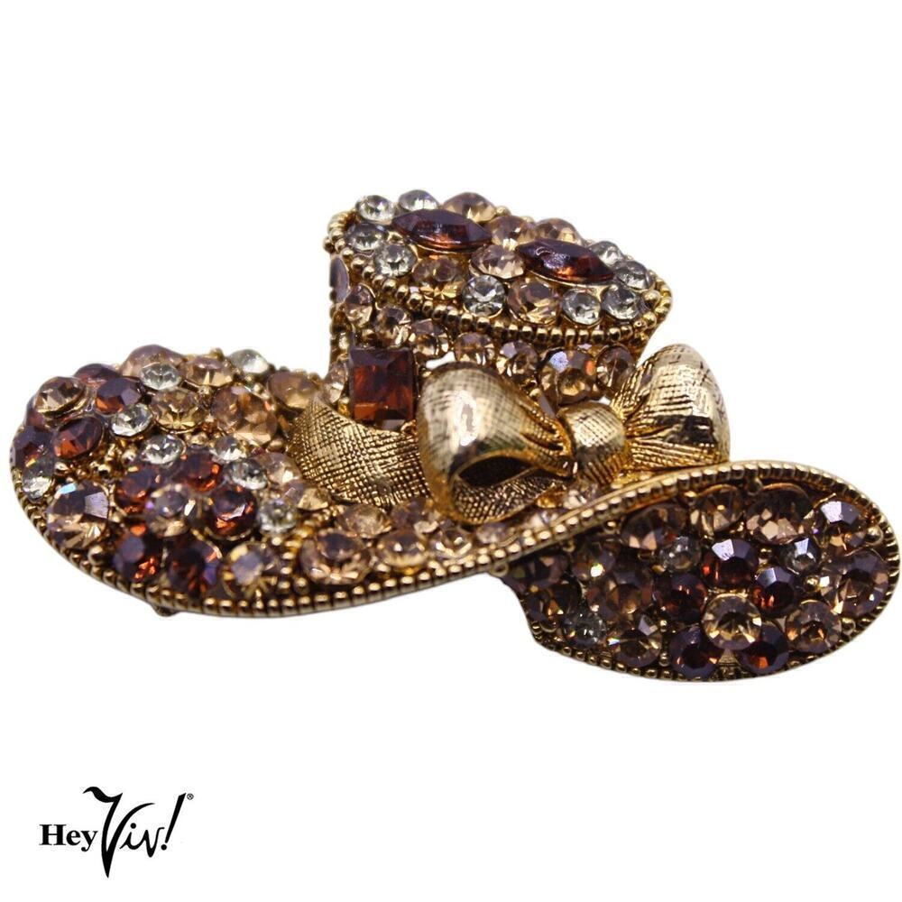 Vintage Hat Pin Brooch w Pave Golden and Clear Rhinestones 2" Across - Hey Viv